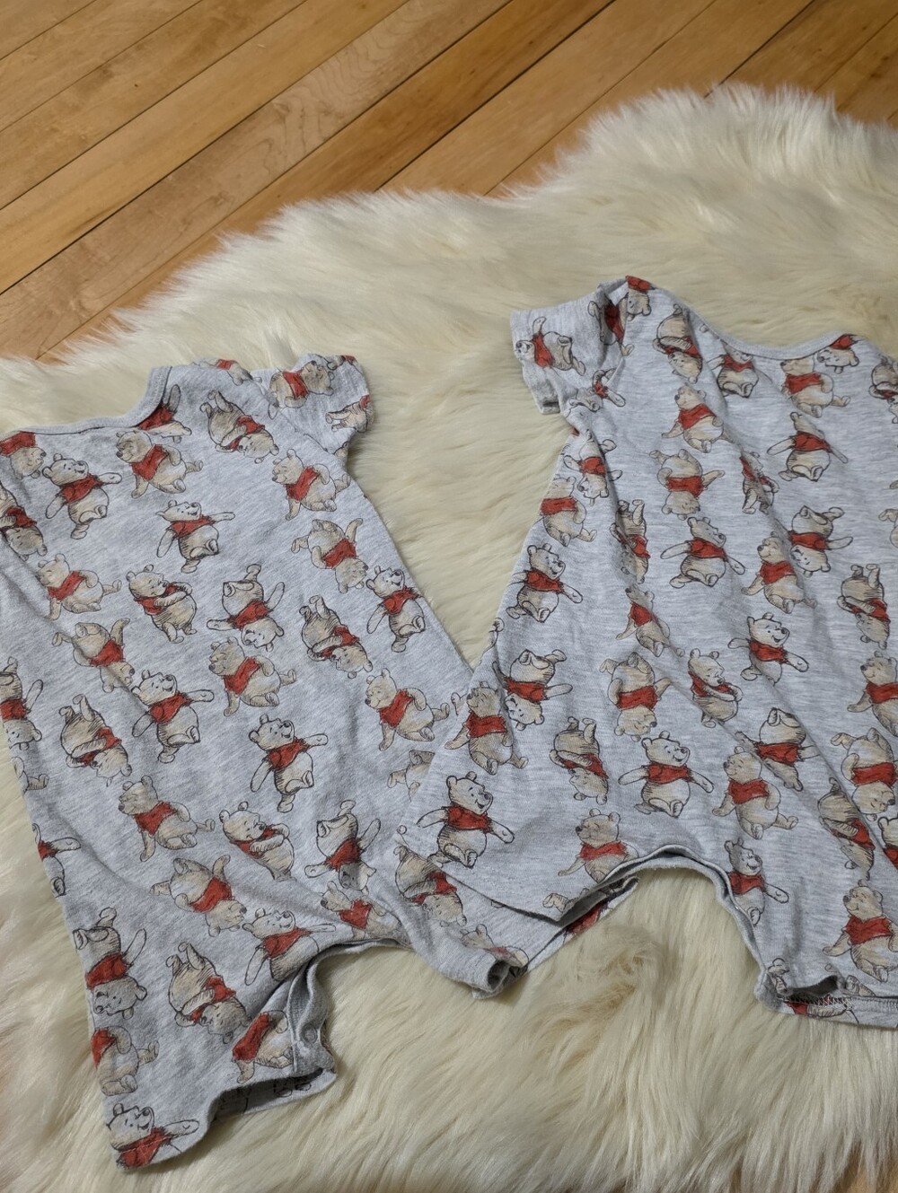 Disney Baby Grey Winnie The Pooh Print Cotton/Poly Knit Romper 6-9 M Set Of 2